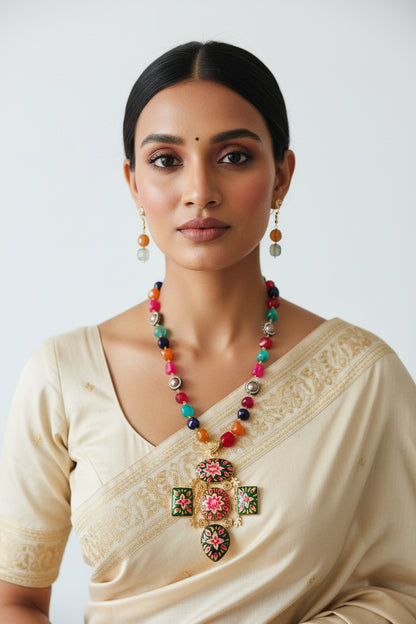 Hand-painted Square Pendant with Multi-Colour Beaded Necklace Set