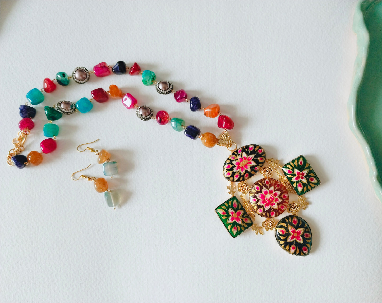 Hand-painted Square Pendant with Multi-Colour Beaded Necklace Set