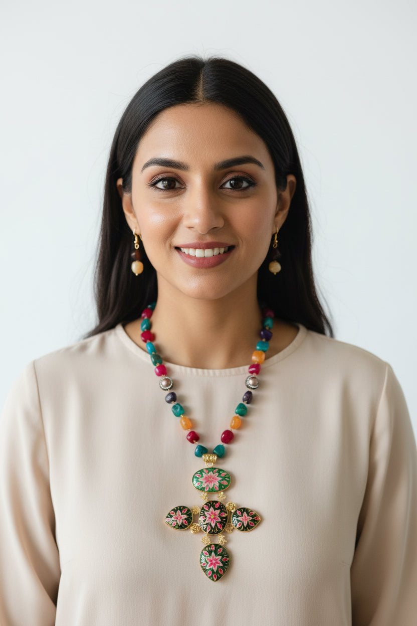 Hand-painted Triangular Pendant with Multi-Colour Beaded Necklace Set