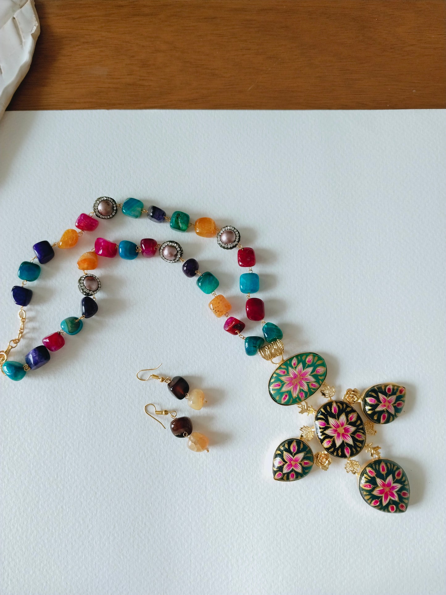 Hand-painted Triangular Pendant with Multi-Colour Beaded Necklace Set