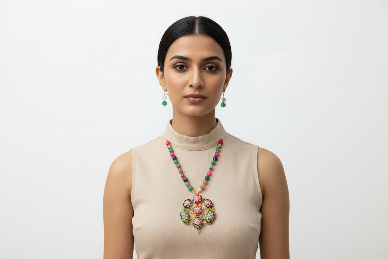 Hand-painted Floral Pendant with Multi-Colour Big Round Beaded Necklace Set
