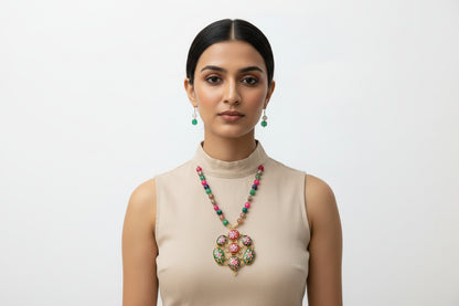 Hand-painted Floral Pendant with Multi-Colour Big Round Beaded Necklace Set