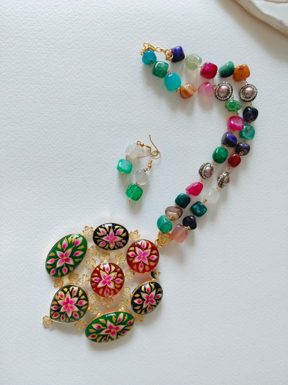 Hand-painted Floral Pendant with Multi-Colour Big Round Beaded Necklace Set