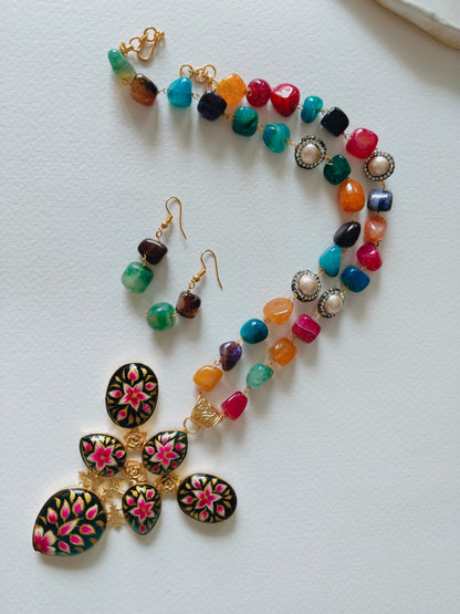 Hand-painted Star Pendant with Multi-Colour Beaded Necklace Set
