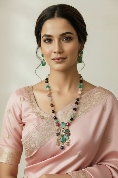 Light green highligted Pendant with Multi-Colour Beaded Necklace Set