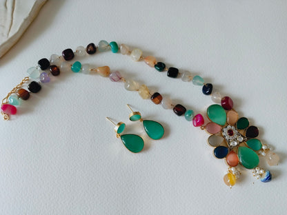 Light green highligted Pendant with Multi-Colour Beaded Necklace Set
