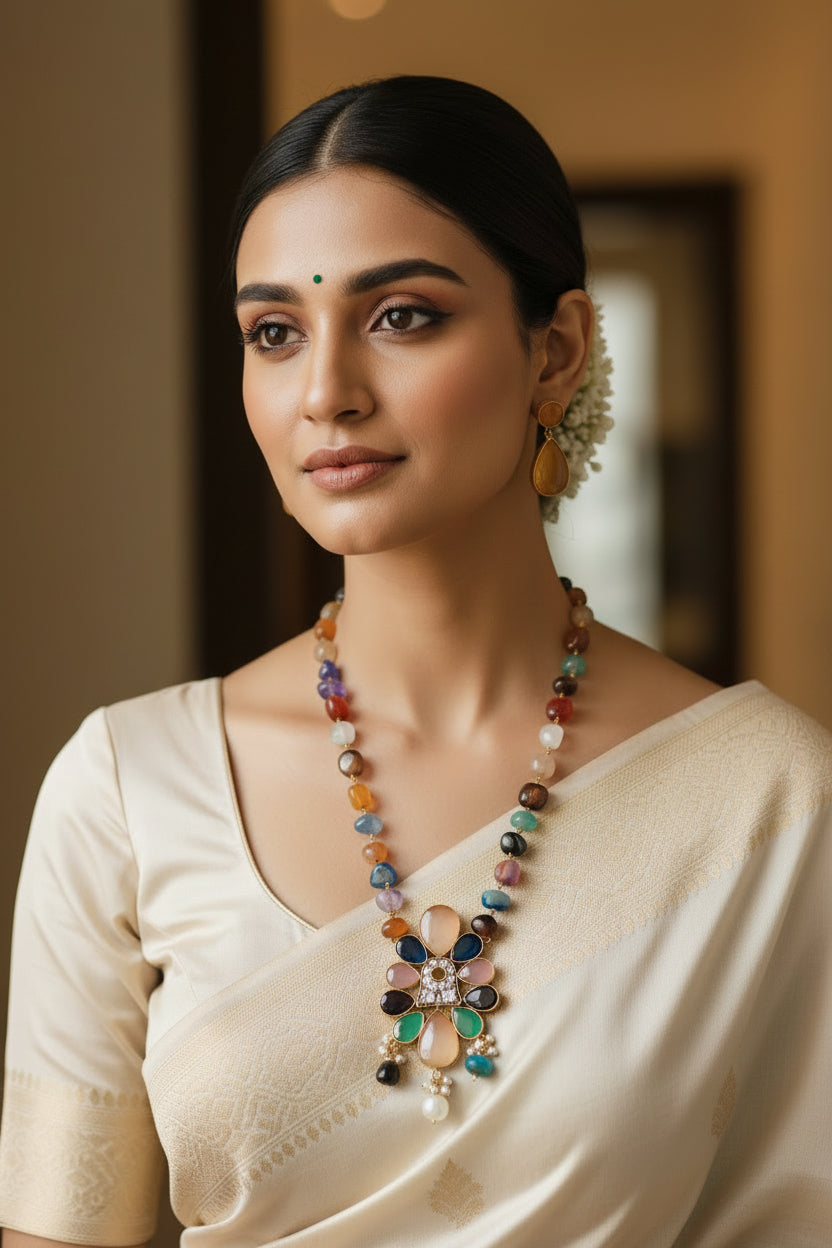 Orange Highlighted Pendant with Multi-Colour Beaded Necklace Set