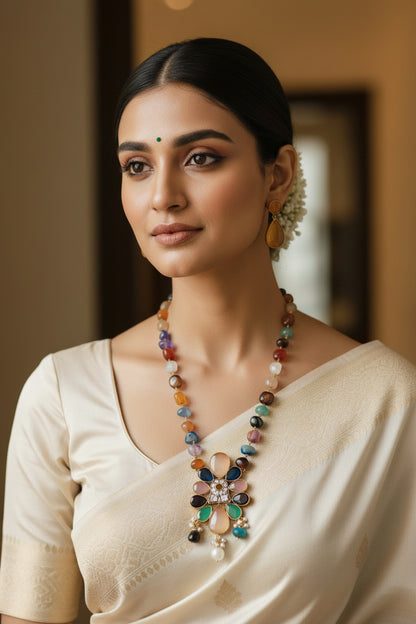 Orange Highlighted Pendant with Multi-Colour Beaded Necklace Set