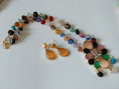 Orange Highlighted Pendant with Multi-Colour Beaded Necklace Set