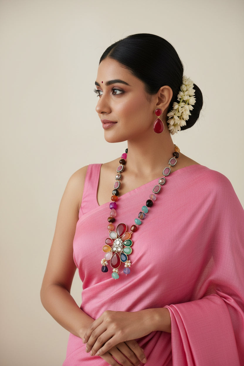 Deep Red highlighted Pendant with Multi-Colour Beaded Jewelry Set.