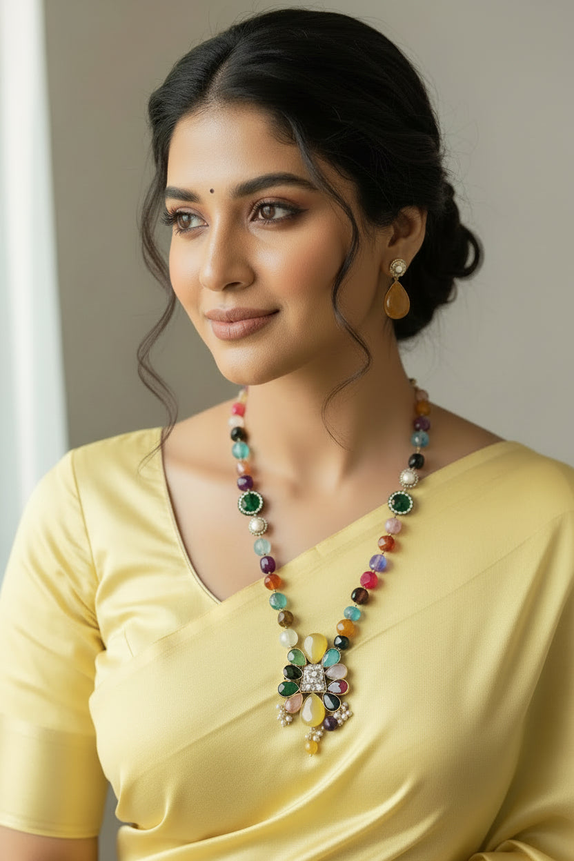 Amber highlighted Pendant with Multi-Colour Beaded Jewelry Set.