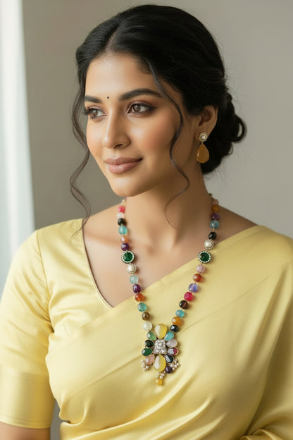 Amber highlighted Pendant with Multi-Colour Beaded Jewelry Set.