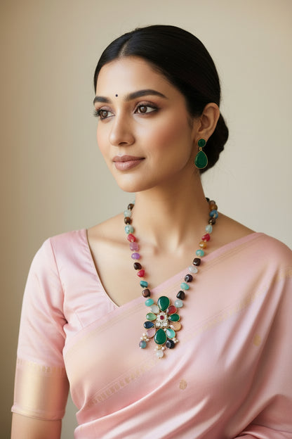 Dark Green Highlighted Pendant with Multi-Colour Beaded Jewelry Set