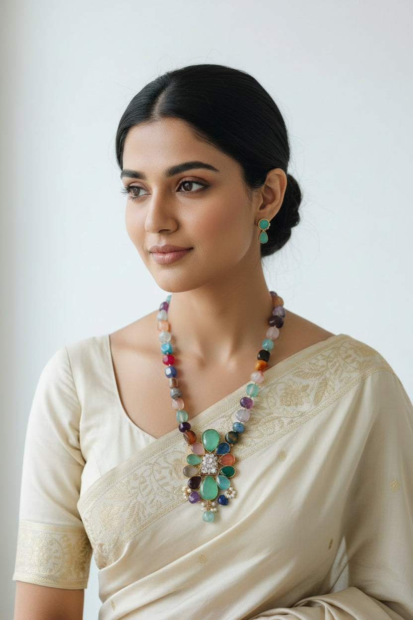 Light Green Highlight Pendant with Multi-Colour Beaded Jewelry Set