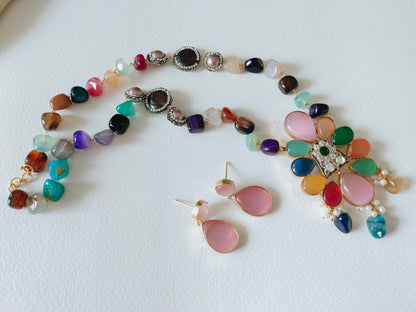 Advaita Handcrafts - Colourful Beaded Necklace with Earrings.