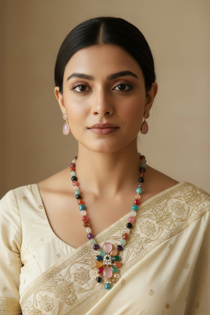 Pink Highlight Pendant and Multi-Colour Beaded Jewelry Set