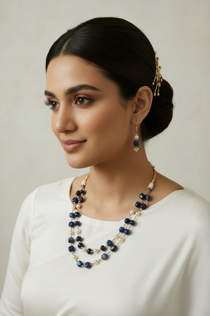 Midnight blue double line Pearl Beaded Jewelry Set