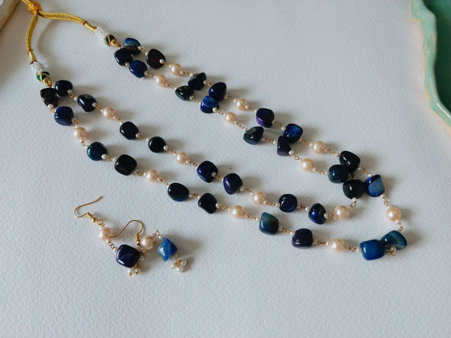 Midnight blue double line Pearl Beaded Jewelry Set