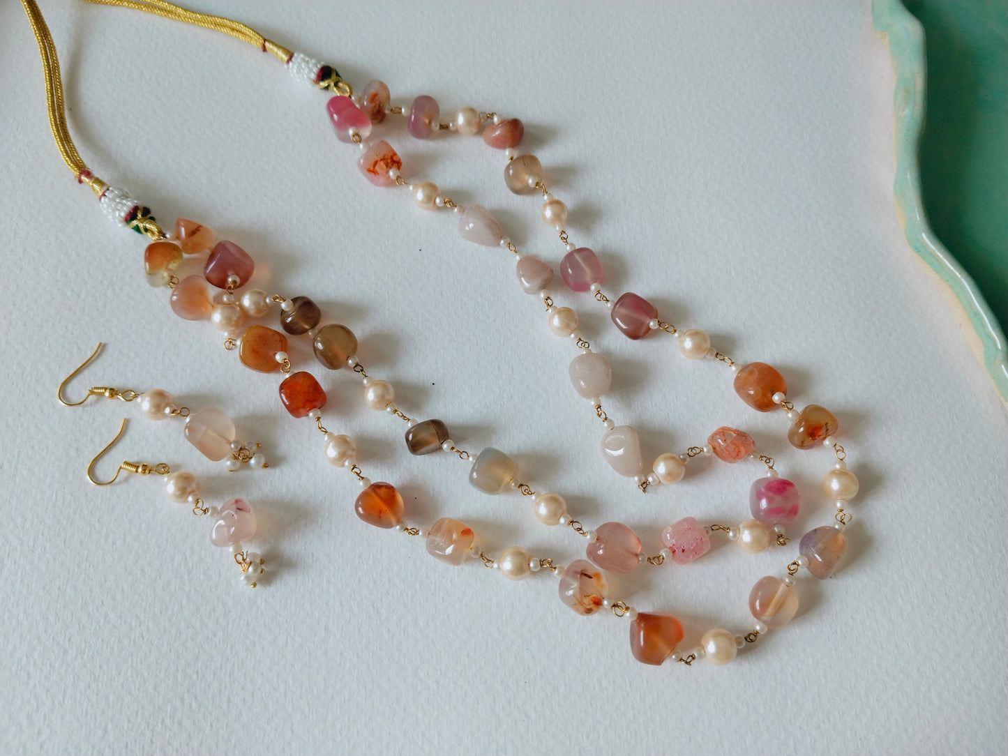 Soft Peach and Pearls Beaded Jewelry Set