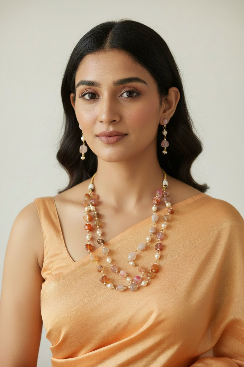Soft Peach and Pearls Beaded Jewelry Set