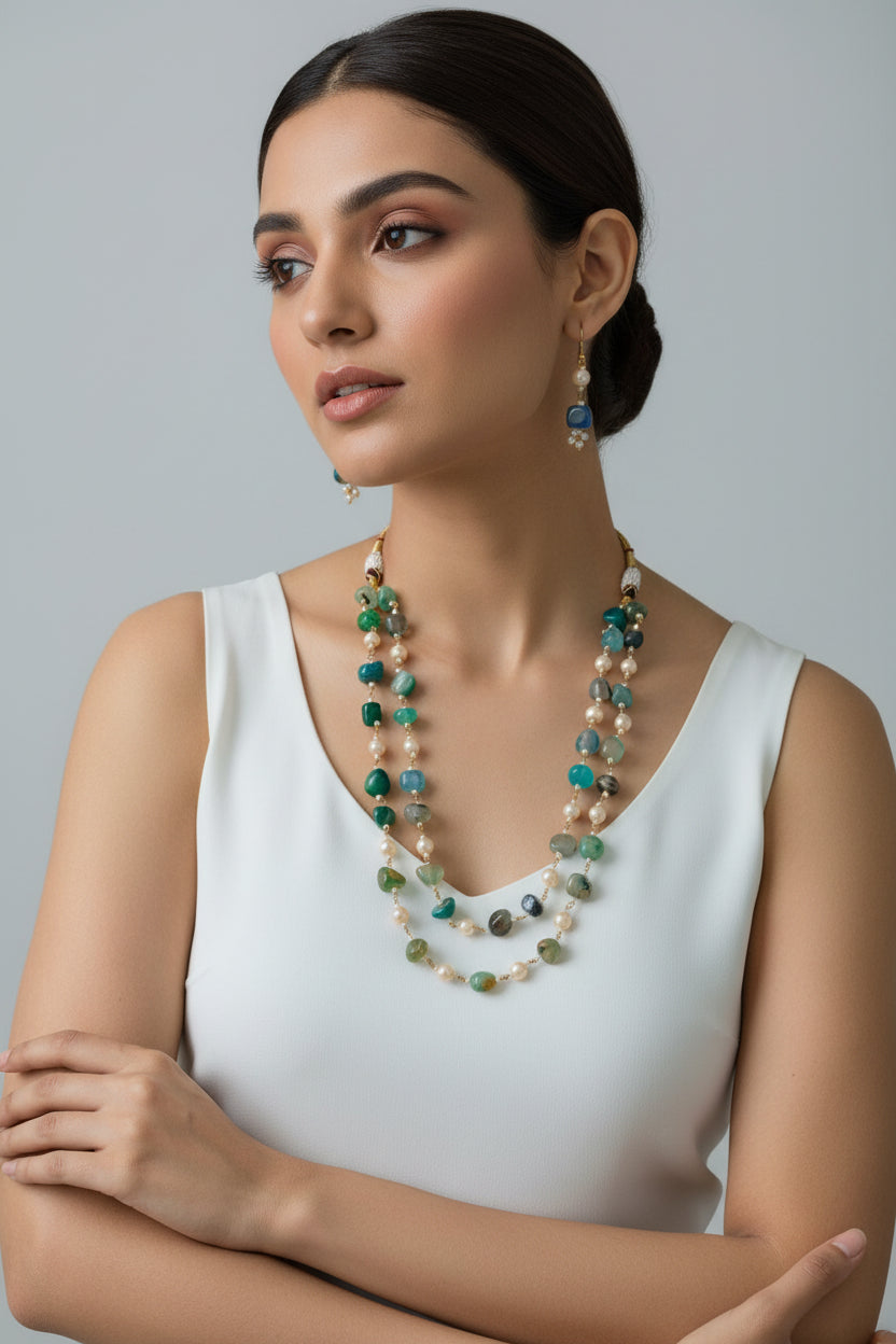 Light Blue- Green & Pearl Beaded Jewelry Set