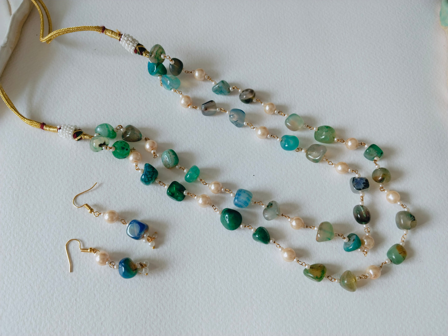 Light Blue- Green & Pearl Beaded Jewelry Set