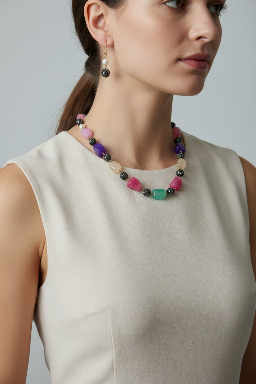 Stone Beads Necklace with Earrings - Multi color