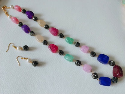 Stone Beads Necklace with Earrings - Multi color