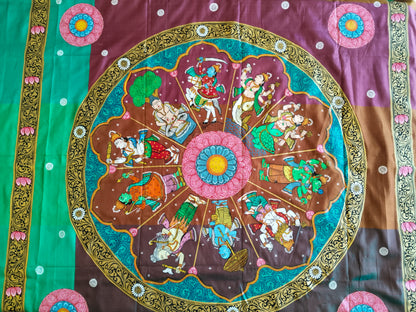 3D Katan Mulberry Silk Saree in Hand Painted Patachitra Style Vishnu Dashavtar