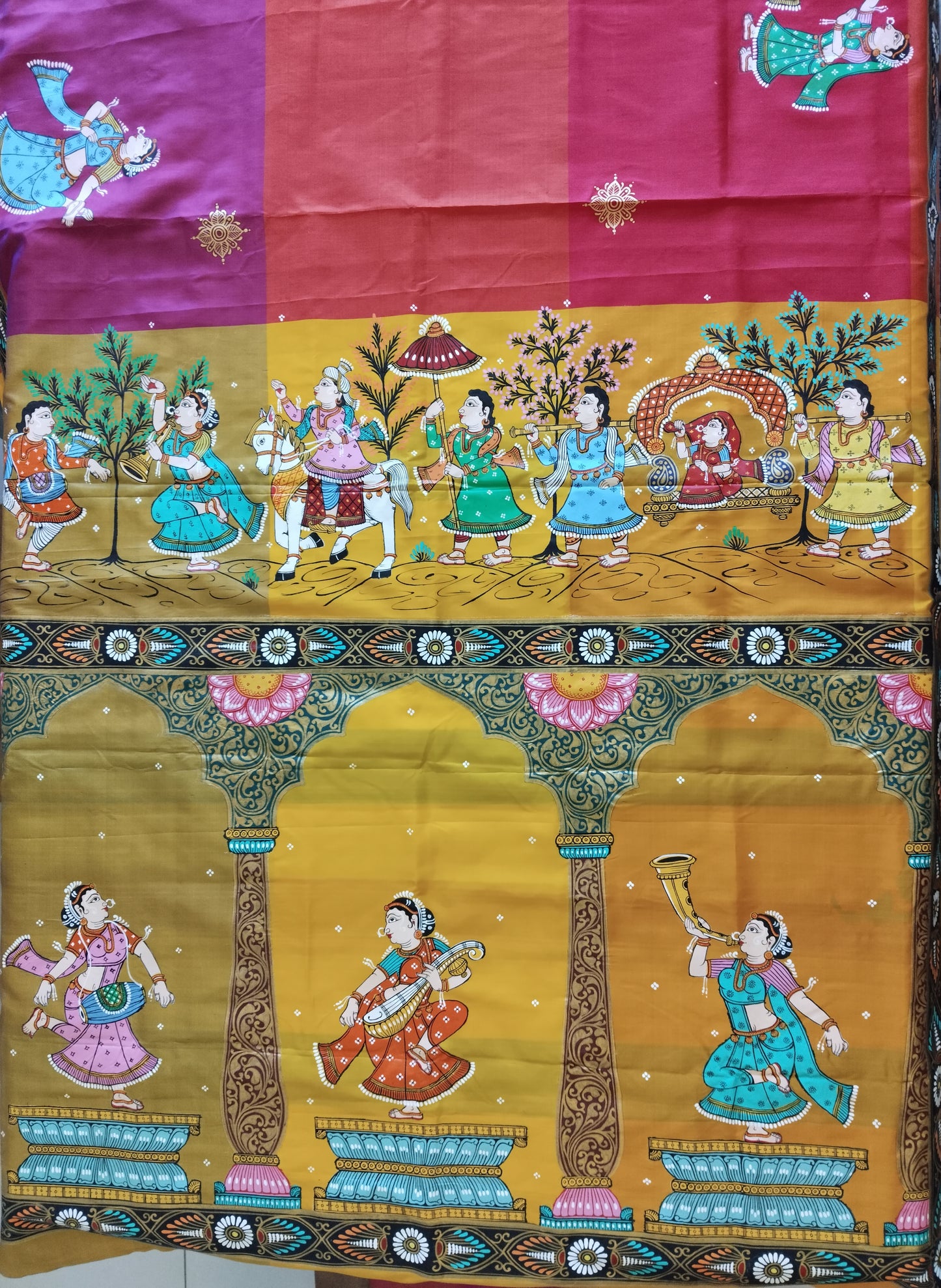 Pure Mulberry Silk Patachitra Bridal Celebration Saree - Blue & Multicolor