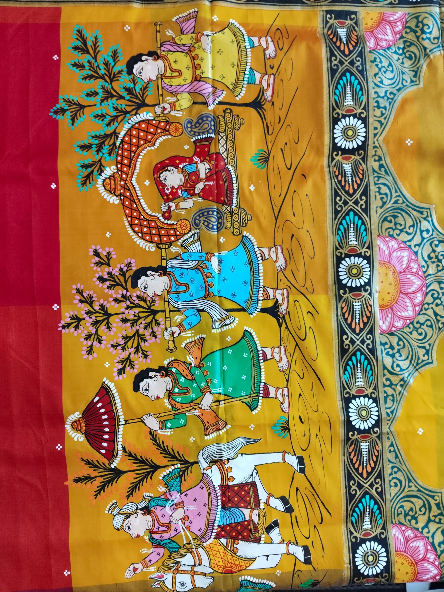 Pure Mulberry Silk Patachitra Bridal Celebration Saree - Blue & Multicolor