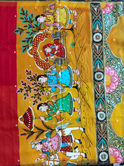 Pure Mulberry Silk Patachitra Bridal Celebration Saree - Blue & Multicolor