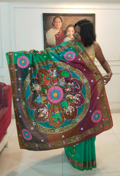 3D Katan Mulberry Silk Saree in Hand Painted Patachitra Style Vishnu Dashavtar