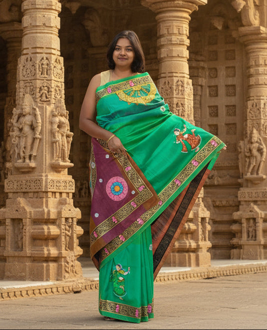 3D Katan Mulberry Silk Saree in Hand Painted Patachitra Style Vishnu Dashavtar
