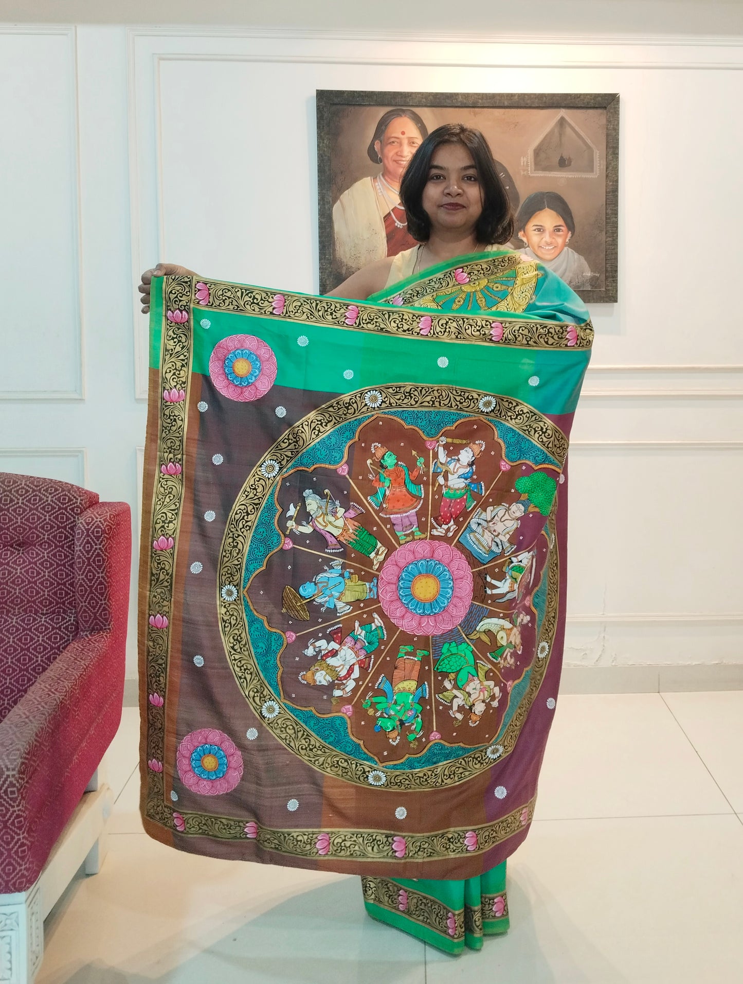 3D Katan Mulberry Silk Saree in Hand Painted Patachitra Style Vishnu Dashavtar