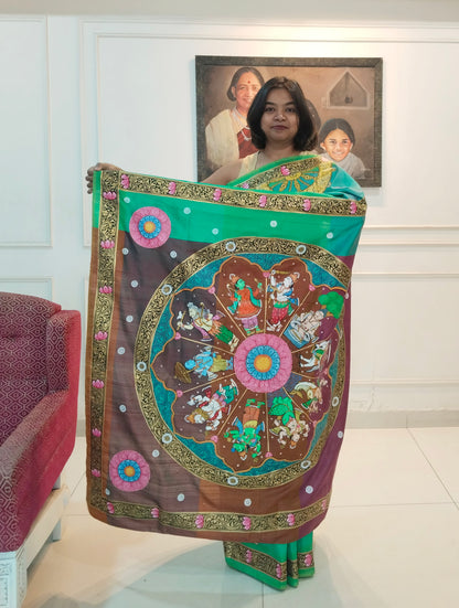 3D Katan Mulberry Silk Saree in Hand Painted Patachitra Style Vishnu Dashavtar