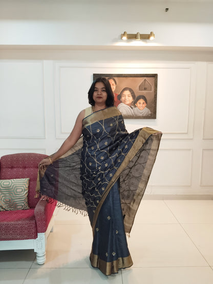 Zardosi Pitta Hand Embroidered Tassar Silk Saree | Black with Golden Motifs