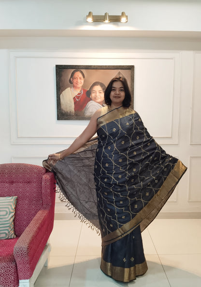 Zardosi Pitta Hand Embroidered Tassar Silk Saree | Black with Golden Motifs