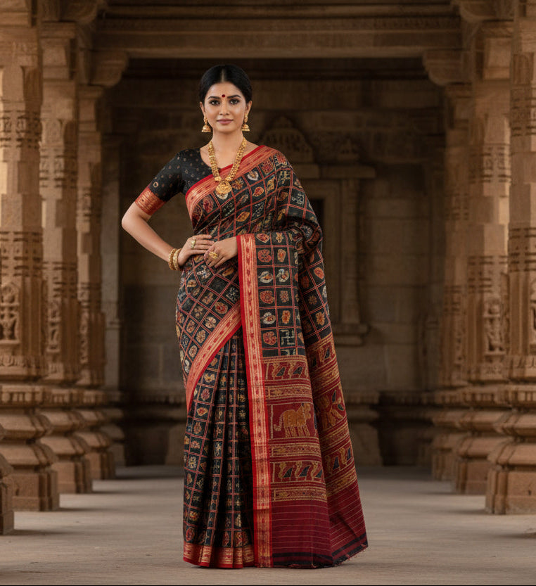 Traditional Nabakothi Single Ikkat Saree - Black