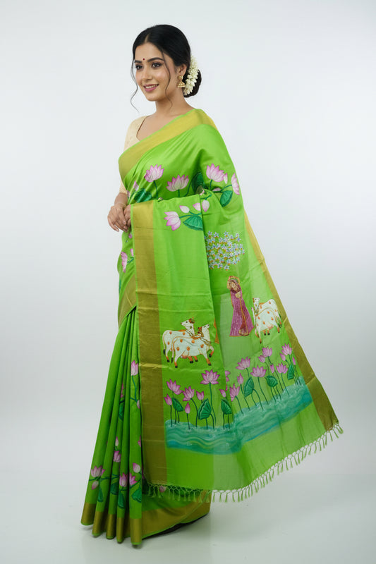 Pista Green Tassar Silk Pichwai Saree - Ragini Garden Theme
