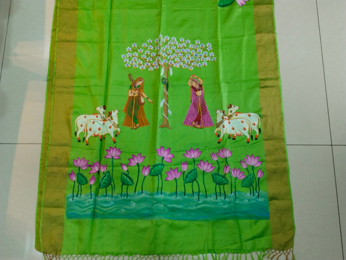 Pista Green Tassar Silk Pichwai Saree - Ragini Garden Theme