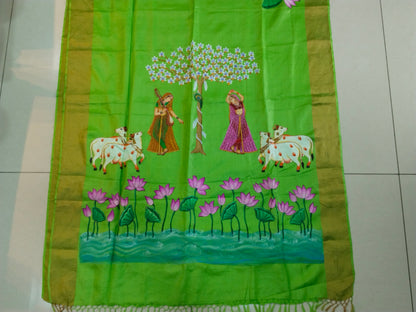 Pista Green Tassar Silk Pichwai Saree - Ragini Garden Theme