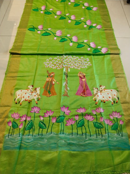 Pista Green Tassar Silk Pichwai Saree - Ragini Garden Theme