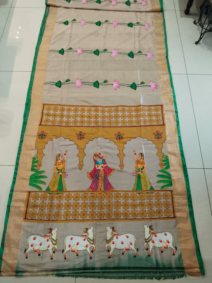 Upada Silk Pichwai Saree | Rajasthani Jharokha with Golden Motifs
