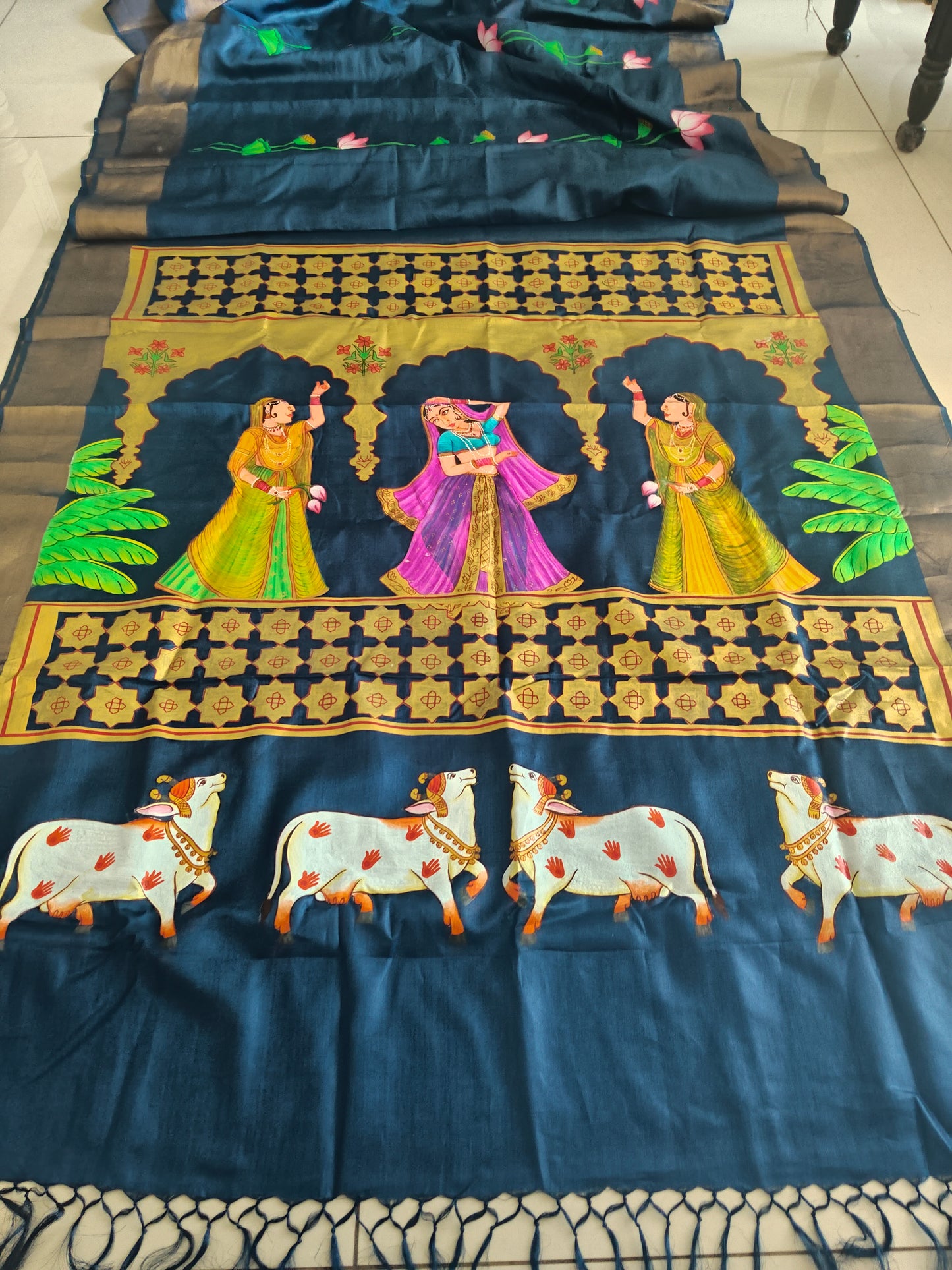 Pure Tassar Silk Pichwai Saree – Rajasthani Jharokha & Auspicious Cows | Handpainted Art