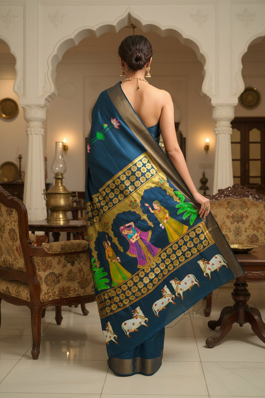 Pure Tassar Silk Pichwai Saree – Rajasthani Jharokha & Auspicious Cows | Handpainted Art