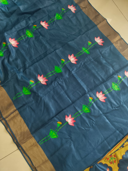 Pure Tassar Silk Pichwai Saree – Rajasthani Jharokha & Auspicious Cows | Handpainted Art