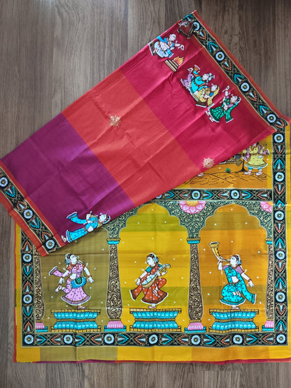 Pure Mulberry Silk Patachitra Bridal Celebration Saree - Blue & Multicolor