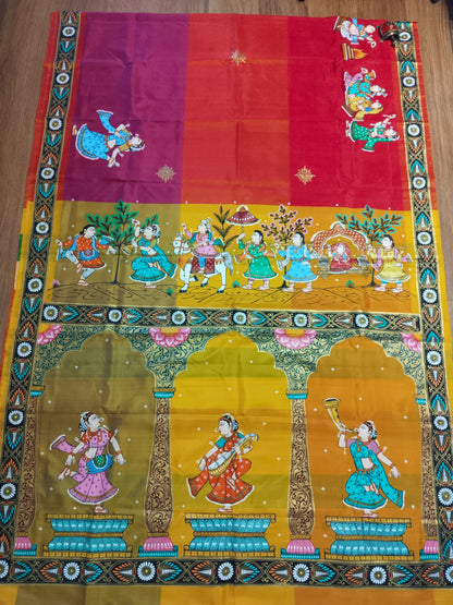 Pure Mulberry Silk Patachitra Bridal Celebration Saree - Blue & Multicolor