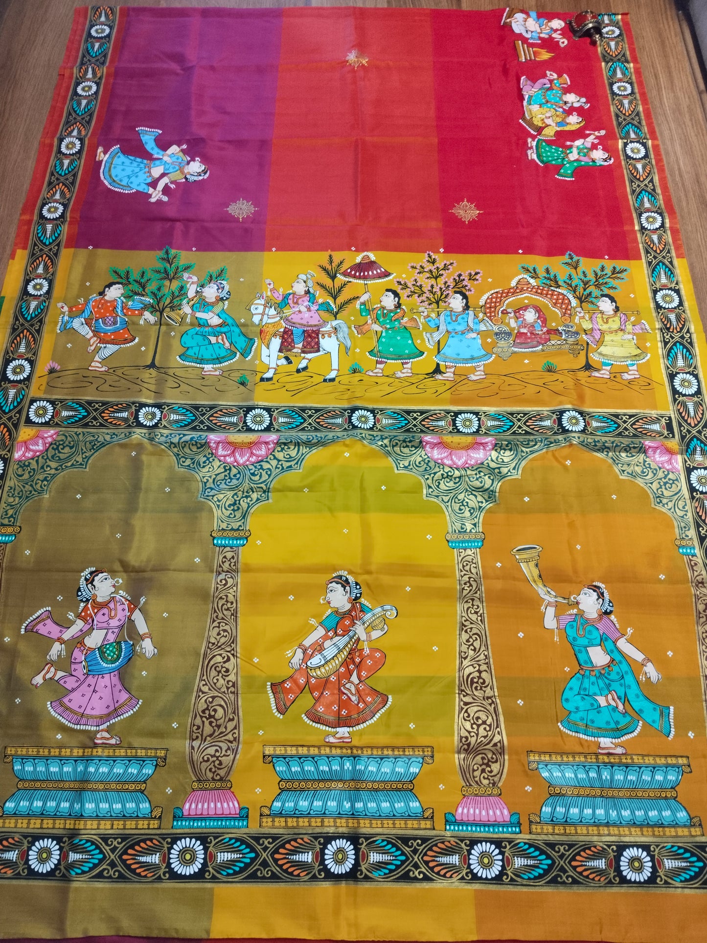 Pure Mulberry Silk Patachitra Bridal Celebration Saree - Blue & Multicolor